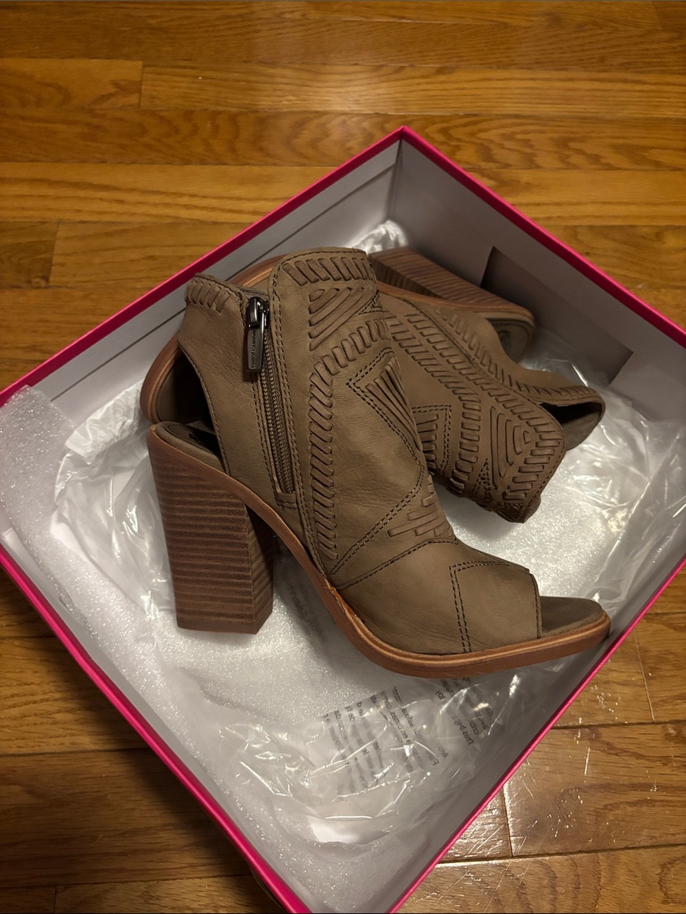 Vince Camuto Taupe Peep-Toe Stacked Heel Booties